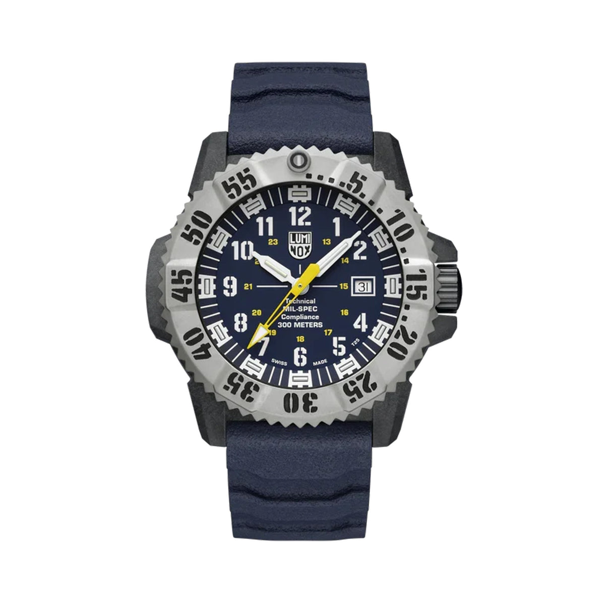 Front view of the Luminox MIL-SPEC Inspired Men’s 46mm Quartz Watch XL.3355.2 with a blue dial and date window. This MIL-SPEC 3350 Series military watch features a black CARBONOX™+ case, a titanium rotating bezel and a blue rubber strap.