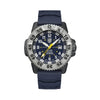 Front view of the Luminox MIL-SPEC Inspired Men’s 46mm Quartz Watch XL.3355.2 with a blue dial and date window. This MIL-SPEC 3350 Series military watch features a black CARBONOX™+ case, a titanium rotating bezel and a blue rubber strap.