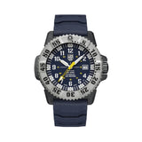 Front view of the Luminox MIL-SPEC Inspired Men’s 46mm Quartz Watch XL.3355.2 with a blue dial and date window. This MIL-SPEC 3350 Series military watch features a black CARBONOX™+ case, a titanium rotating bezel and a blue rubber strap.