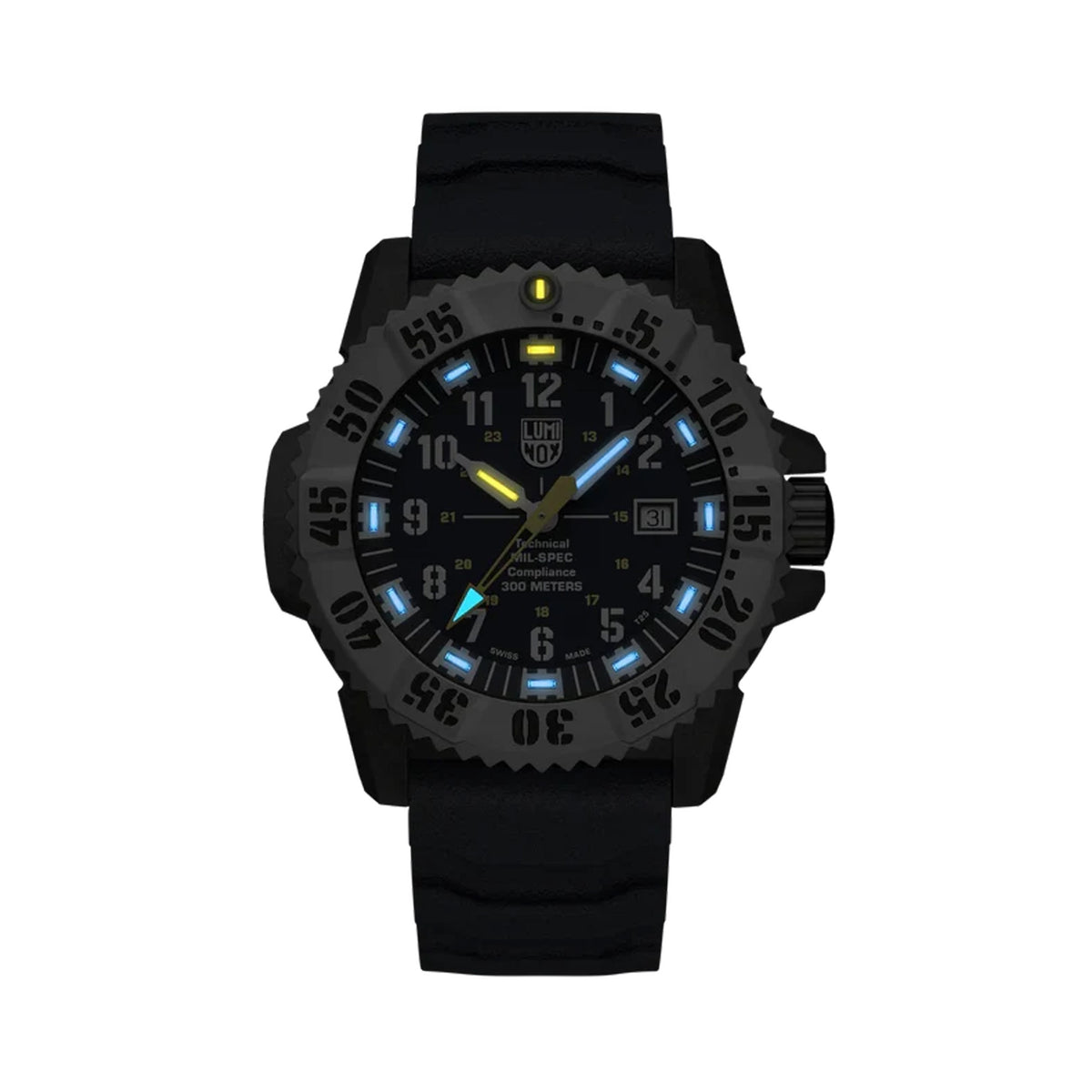 Luminox MIL-SPEC Inspired Men’s 46mm Quartz Watch XL.3355.2 glowing in the dark with Luminox Light Technology. The self-powered tritium tubes on this MIL-SPEC 3350 Series military watch glow constantly for up to 25 years.