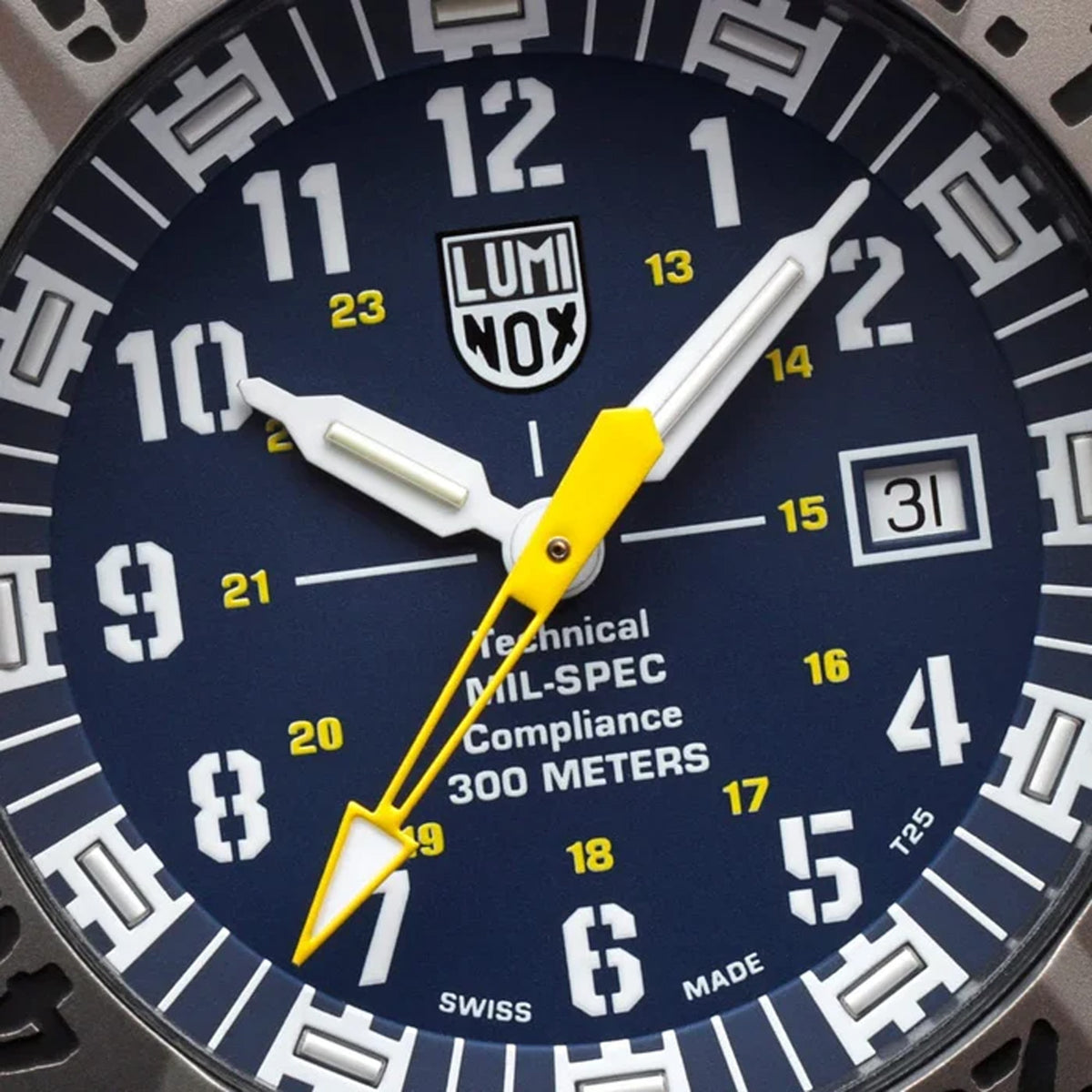Close-up of the blue dial on the Luminox MIL-SPEC Inspired Men’s 46mm Quartz Watch XL.3355.2, showing the numerals, luminous hands and date window. This MIL-SPEC 3350 Series military watch features self-powered tritium tubes for constant visibility in the dark.