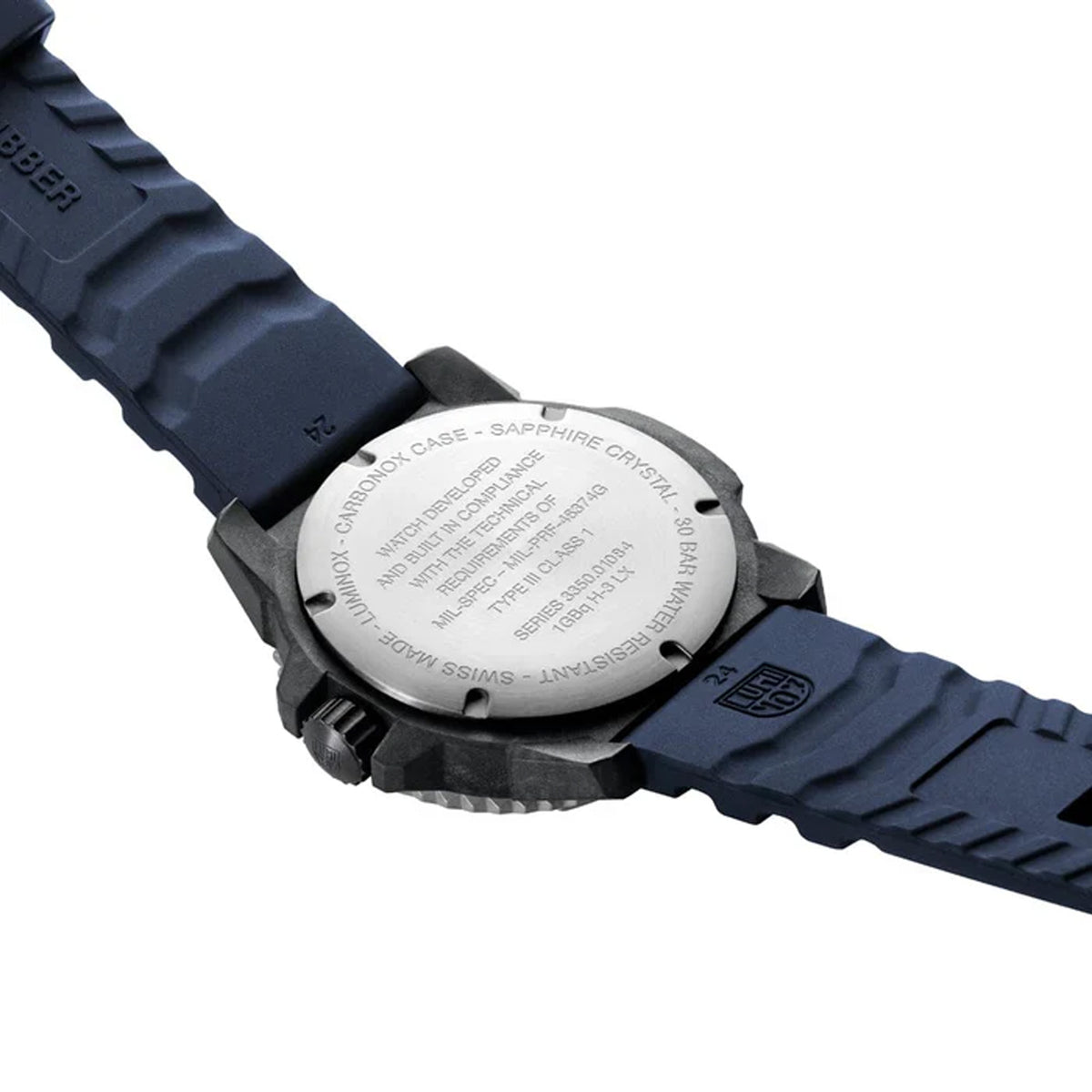 Back view of the Luminox MIL-SPEC Inspired Men’s 46mm Quartz Watch XL.3355.2 showing the screw-in 316L stainless steel case back. This MIL-SPEC 3350 Series military watch is water resistant to 300m.