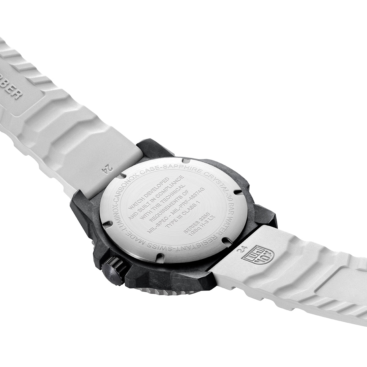 Back view of the Luminox MIL-SPEC Men's 46mm Quartz Watch XL.3359.SET showing the case back. This MIL-SPEC 3350 Series military watch is water resistant to 300m and is built to U.S. Department of Defense standard MIL-PRF-46374G.