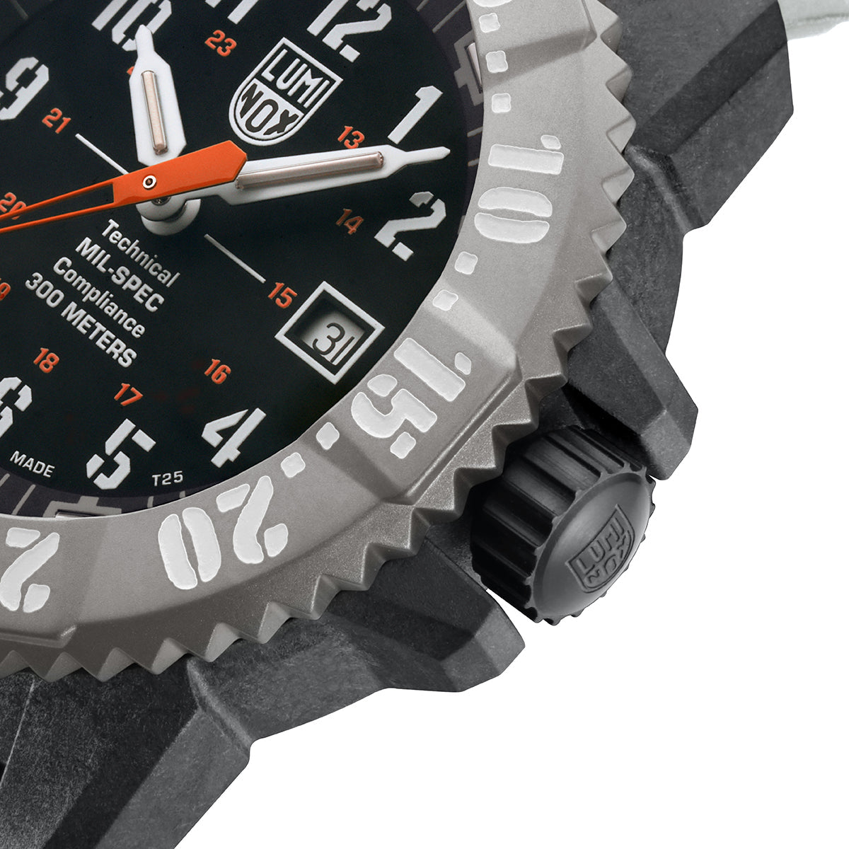 Close-up of the black dial on the Luminox MIL-SPEC Men's 46mm Quartz Watch XL.3359.SET, showing the large orange seconds hand with glowing arrow tip and luminous hands and markers. This MIL-SPEC 3350 Series military watch features self-powered tritium tubes for constant visibility in the dark.