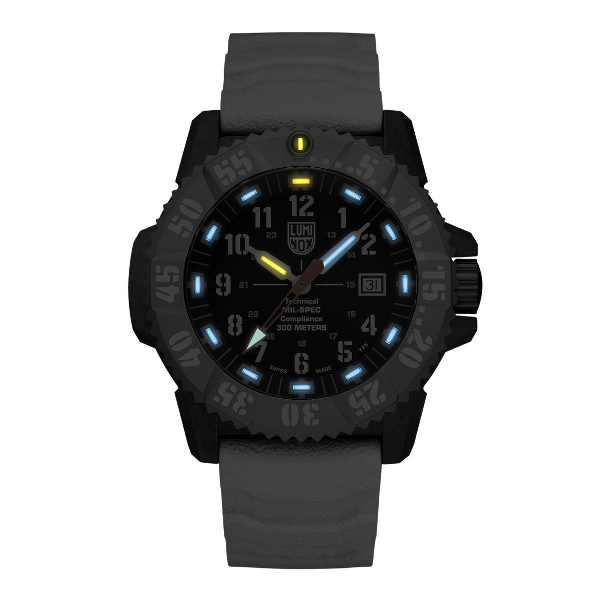 Luminox MIL-SPEC Men's 46mm Quartz Watch XL.3359.SET glowing in the dark with Luminox Light Technology. The self-powered tritium tubes on the hands and markers, plus the coated arrow tip of the orange seconds hand, keep this MIL-SPEC 3350 Series watch visible in any light.