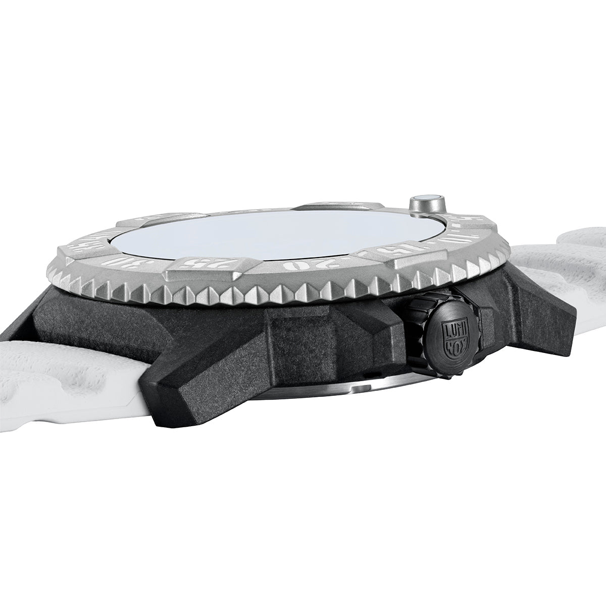 three-quarter angle view of the Luminox MIL-SPEC Men's 46mm Quartz Watch XL.3359.SET showing the case profile and protected crown. This MIL-SPEC 3350 Series military watch pairs a lightweight CARBONOX™+ case with a Grade 2 titanium bezel.