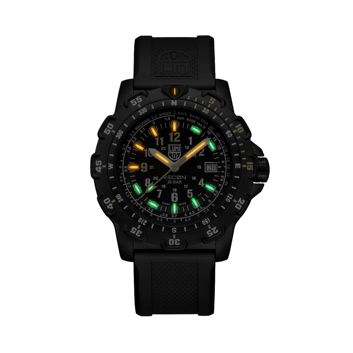 Luminox RECON Point Man Heritage Men's 45mm Quartz Watch XL.8825.H.SET glowing in the dark with Luminox Light Technology. The self-powered tritium tubes on the hands and markers of this RECON Point Man Heritage watch glow constantly for up to 25 years.