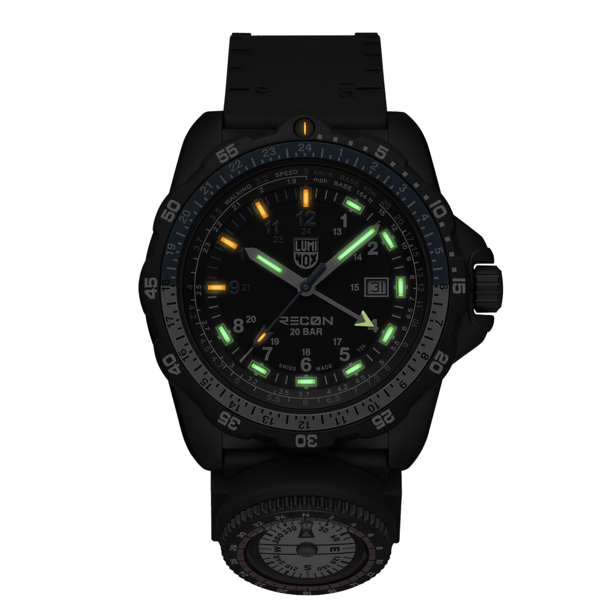 Luminox RECON Nav Spec Men's 46mm Quartz GMT Watch XL.8833 glowing in the dark with Luminox Light Technology. The self-powered tritium tubes on this RECON Nav Spec watch glow constantly for up to 25 years.