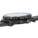 Three-quarter angle view of the Luminox RECON Nav Spec Men's 46mm Quartz GMT Watch XL.8833 showing the case profile and crown. This RECON Nav Spec watch pairs a lightweight black CARBONOX™ case with a black dial under anti-reflective sapphire crystal.