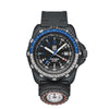 Front view of the Luminox RECON Nav Spec Men's 46mm Quartz GMT Watch XL.8833 with a black dial, white 12 and 24-hour numerals and blue accents. This RECON Nav Spec watch features a black CARBONOX™ case, a two-tone rotating bezel and a black rubber strap with a detachable compass.