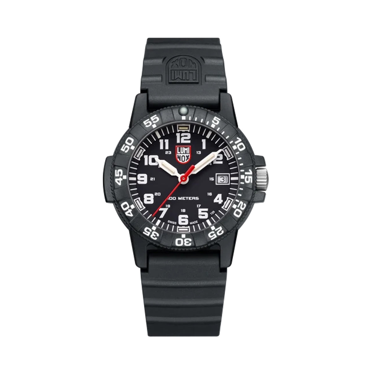 Front view of the Luminox Leatherback SEA Turtle Men's 39mm Quartz Watch XS.0301.L with a black dial, white numerals and a red seconds hand. This Leatherback SEA Turtle watch features a black CARBONOX™ turtle-shaped case and a black polyurethane strap.