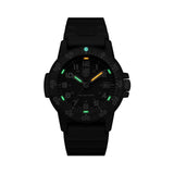 Luminox Leatherback SEA Turtle Men's 39mm Quartz Watch XS.0301.L glowing in the dark with Luminox Light Technology. The self-powered tritium tubes on the hands and markers of this Leatherback SEA Turtle watch glow constantly for up to 25 years.
