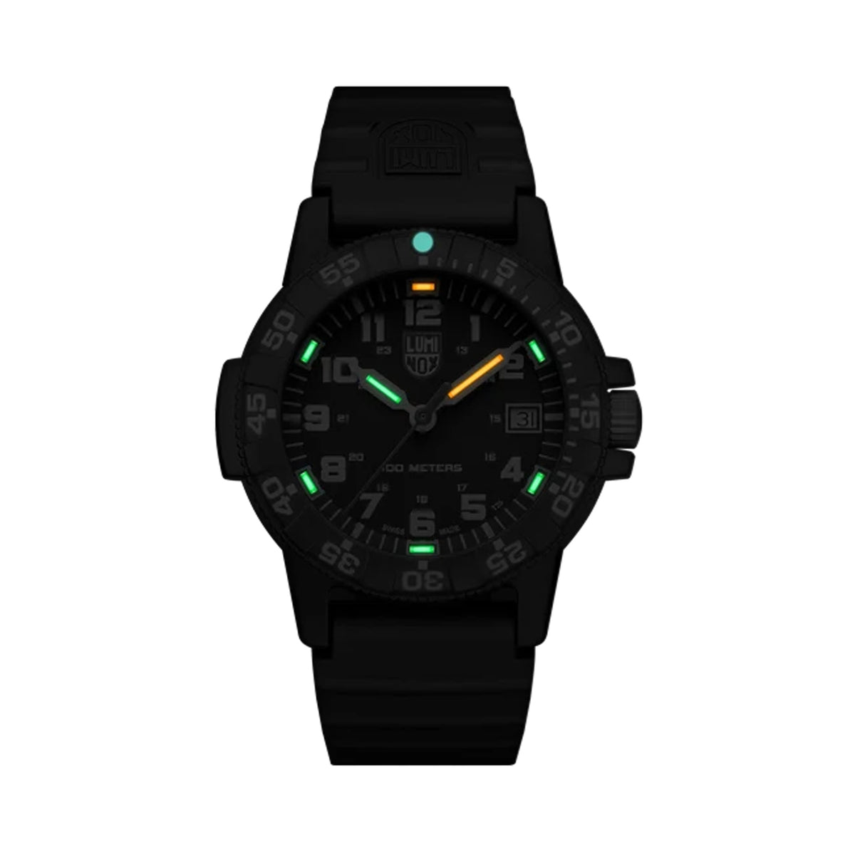 Luminox Leatherback SEA Turtle Men's 39mm Quartz Watch XS.0301.L glowing in the dark with Luminox Light Technology. The self-powered tritium tubes on the hands and markers of this Leatherback SEA Turtle watch glow constantly for up to 25 years.