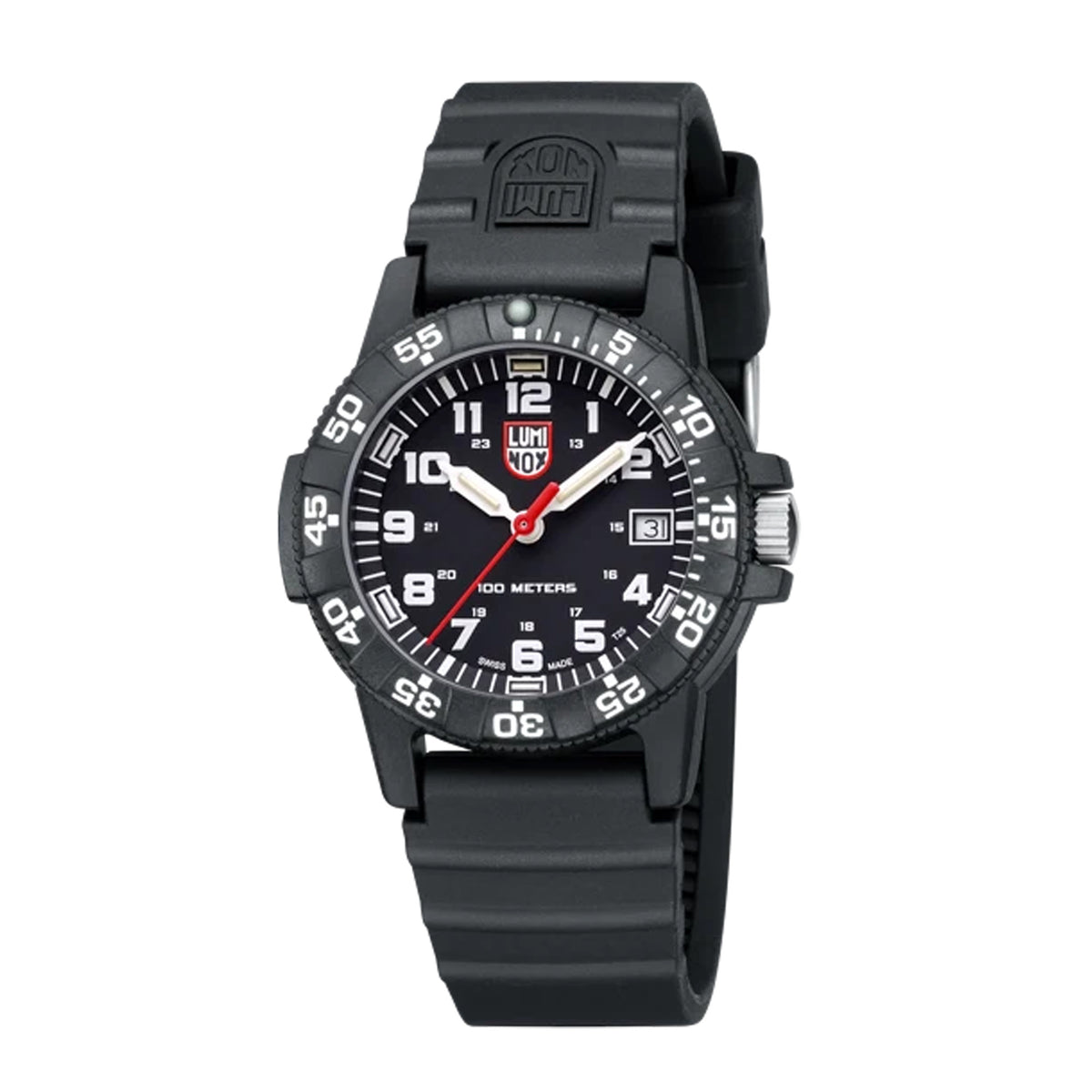 Three-quarter angle view of the Luminox Leatherback SEA Turtle Men's 39mm Quartz Watch XS.0301.L showing its turtle-shaped case and protected crown. This Leatherback SEA Turtle watch pairs a lightweight black CARBONOX™ case with a black dial and date window.