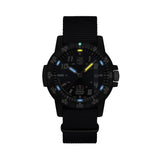 Luminox SEA Turtle Giant Red Bull Ampol Racing Edition Men's 44mm Quartz Watch XS.0321.ARB.1 glowing in the dark with Luminox Light Technology. The self-powered tritium tubes on the hands and markers of this limited edition watch glow constantly for up to 25 years.