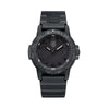 Front view of the Luminox Leatherback SEA Turtle Giant Men's 44mm Quartz Watch XS.0321.BO.L with an all-black blackout dial. This Leatherback SEA Turtle Giant Blackout watch features a black CARBONOX™ turtle-shaped case and a black strap.