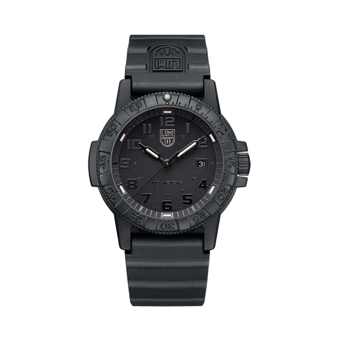 Front view of the Luminox Leatherback SEA Turtle Giant Men's 44mm Quartz Watch XS.0321.BO.L with an all-black blackout dial. This Leatherback SEA Turtle Giant Blackout watch features a black CARBONOX™ turtle-shaped case and a black strap.