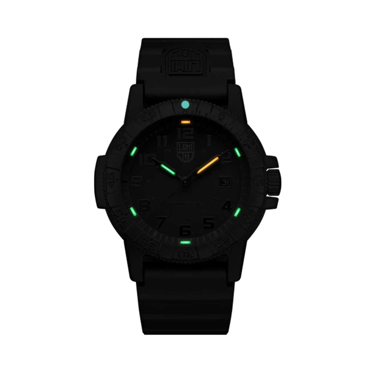 Luminox Leatherback SEA Turtle Giant Men's 44mm Quartz Watch XS.0321.BO.L glowing in the dark with Luminox Light Technology. The self-powered tritium tubes on the hands and markers of this Leatherback SEA Turtle Giant Blackout watch glow constantly for up to 25 years.