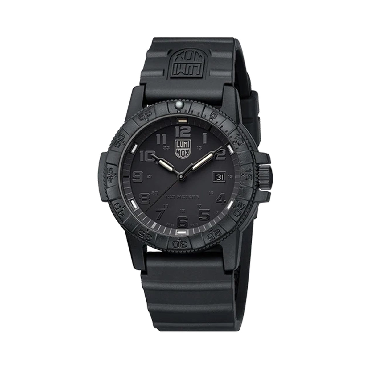 Three-quarter angle view of the Luminox Leatherback SEA Turtle Giant Men's 44mm Quartz Watch XS.0321.BO.L showing its turtle-shaped case and protected crown. This Leatherback SEA Turtle Giant Blackout watch pairs a lightweight black CARBONOX™ case with a black-on-black dial.