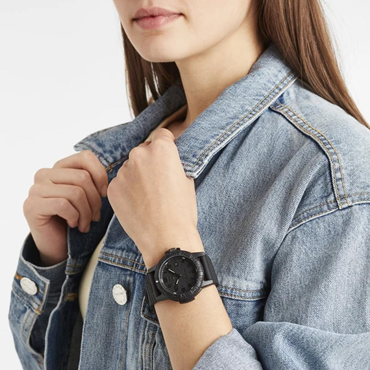 Luminox Leatherback SEA Turtle Giant Men's 44mm Quartz Watch XS.0321.BO.L worn on the wrist to show its size and fit. This Leatherback SEA Turtle Giant Blackout watch features a black-on-black dial and a lightweight black CARBONOX™ case on a black strap.