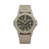 Front view of the Luminox Leatherback SEA Turtle Giant Men’s 44mm Quartz Watch XS.0326 with a monochromatic sand-coloured design. This Leatherback SEA Turtle Giant watch features a sand CARBONOX™ turtle-shaped case, a rotating bezel and a matching sand rubber strap.
