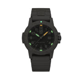 Luminox Leatherback SEA Turtle Giant Men’s 44mm Quartz Watch XS.0326 glowing in the dark with Luminox Light Technology. The self-powered tritium tubes on the hands and markers of this Leatherback SEA Turtle Giant watch glow constantly for up to 25 years.