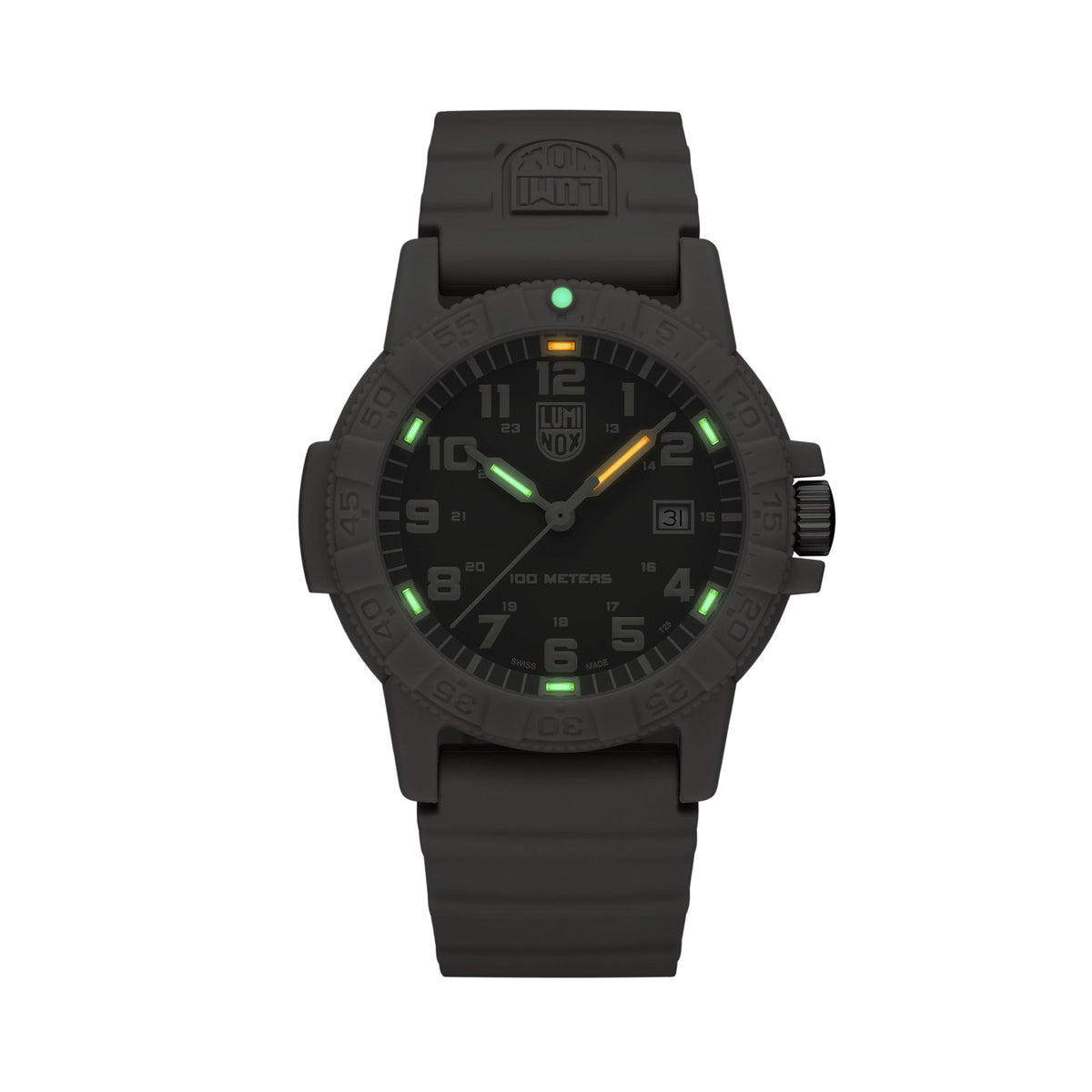 Luminox Leatherback SEA Turtle Giant Men’s 44mm Quartz Watch XS.0326 glowing in the dark with Luminox Light Technology. The self-powered tritium tubes on the hands and markers of this Leatherback SEA Turtle Giant watch glow constantly for up to 25 years.