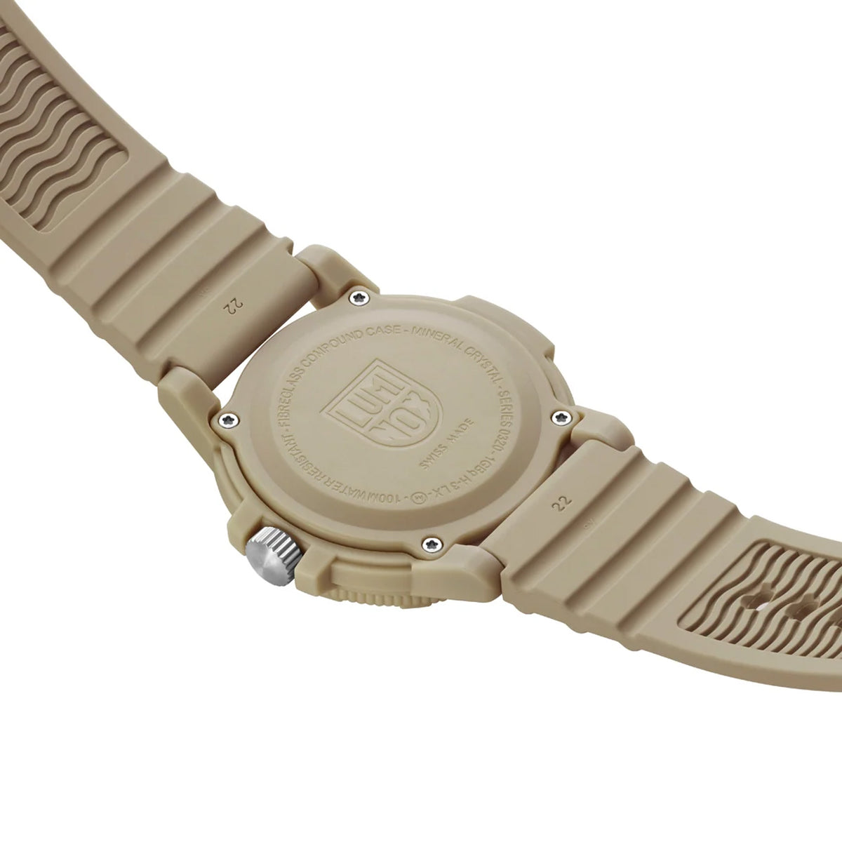 Back view of the Luminox Leatherback SEA Turtle Giant Men’s 44mm Quartz Watch XS.0326 showing the case back. This Leatherback SEA Turtle Giant watch is water resistant to 100m and comes on a sand-coloured rubber strap.