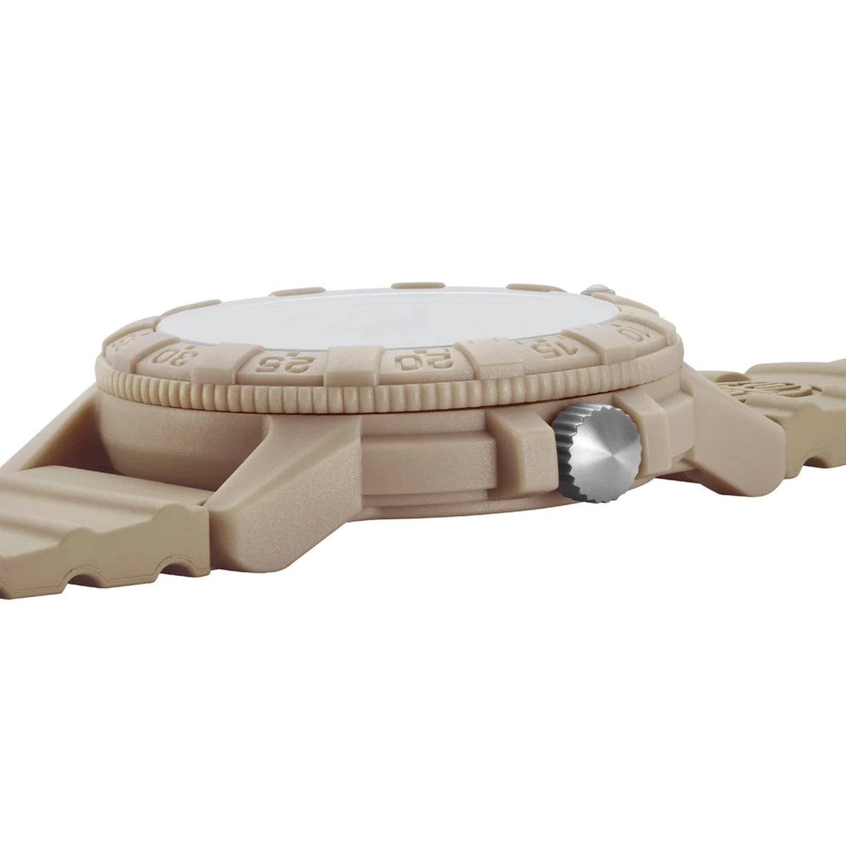 Three-quarter angle view of the Luminox Leatherback SEA Turtle Giant Men’s 44mm Quartz Watch XS.0326 showing its turtle-shaped case and protected crown. This Leatherback SEA Turtle Giant watch pairs a lightweight sand CARBONOX™ case with a matching sand dial.
