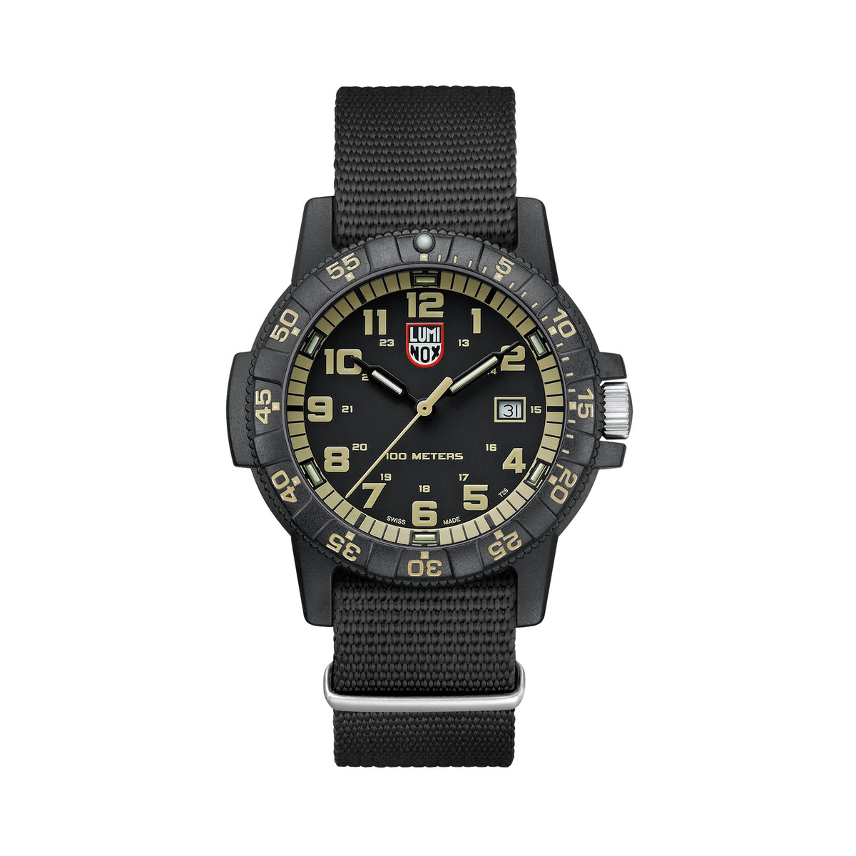 Front view of the Luminox Leatherback SEA Turtle Giant Men's 44mm Quartz Watch XS.0333 with a black dial and beige numerals. This Leatherback SEA Turtle Giant watch features a black CARBONOX™ turtle-shaped case, a black rotating dive bezel with beige numbers and a black webbing strap.
