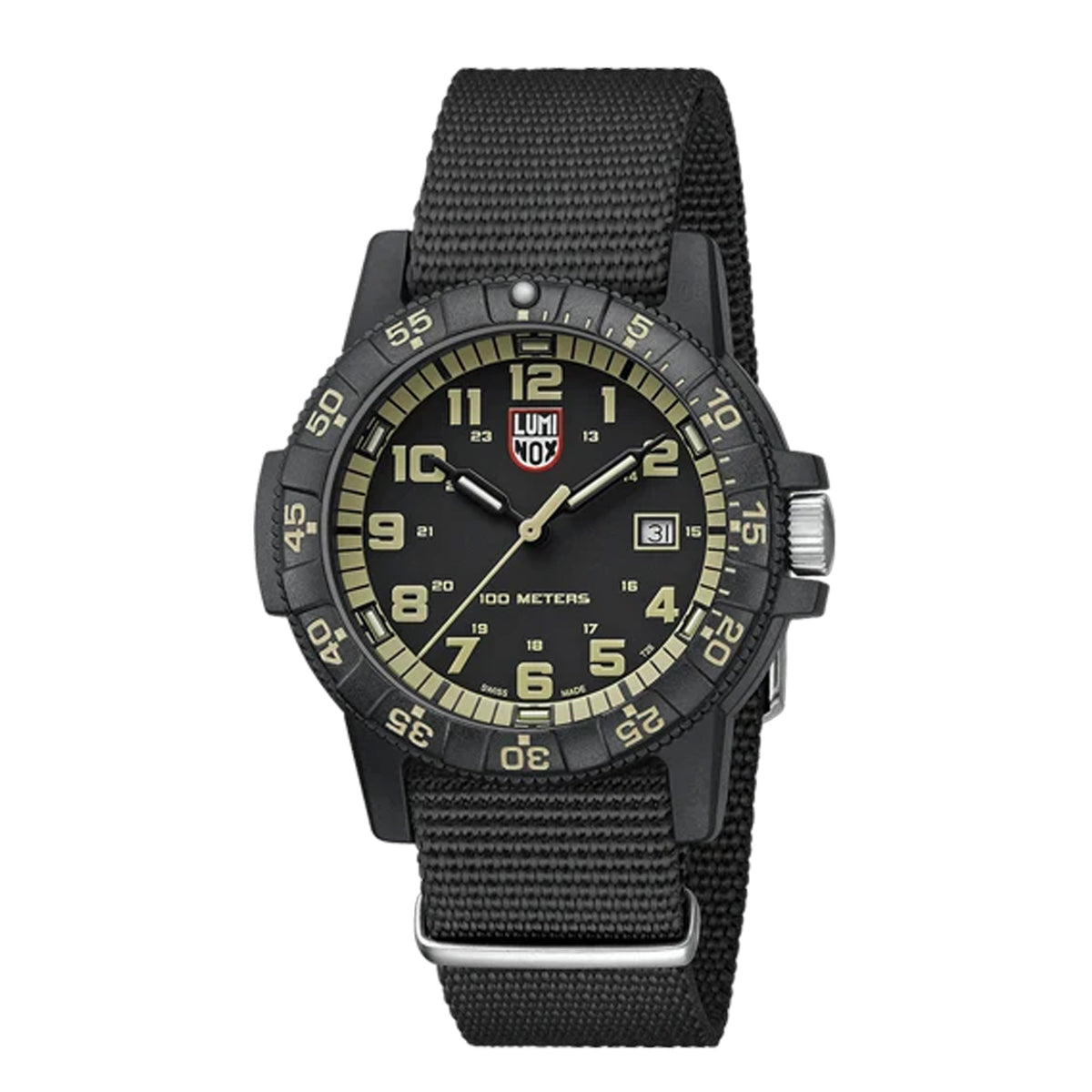 Three-quarter angle view of the Luminox Leatherback SEA Turtle Giant Men's 44mm Quartz Watch XS.0333 showing its turtle-shaped case and protected crown. This Leatherback SEA Turtle Giant watch pairs a lightweight black CARBONOX™ case with a black and beige dial.