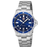 Close-up of the folding clasp on the stainless steel jubilee bracelet of the Luminox Sport Timer Men's 40mm Quartz Watch XS.0943. This Sport Timer 0940 Series watch pairs its steel bracelet with a matching stainless steel case and blue dial.