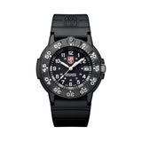 Front view of the Luminox Original Navy SEAL Men's 43mm Quartz Watch XS.3001.F with a black dial and white luminous numerals. This Original Navy SEAL 3000 Series watch features a black CARBONOX™ case, a black rotating dive bezel and a black rubber strap.