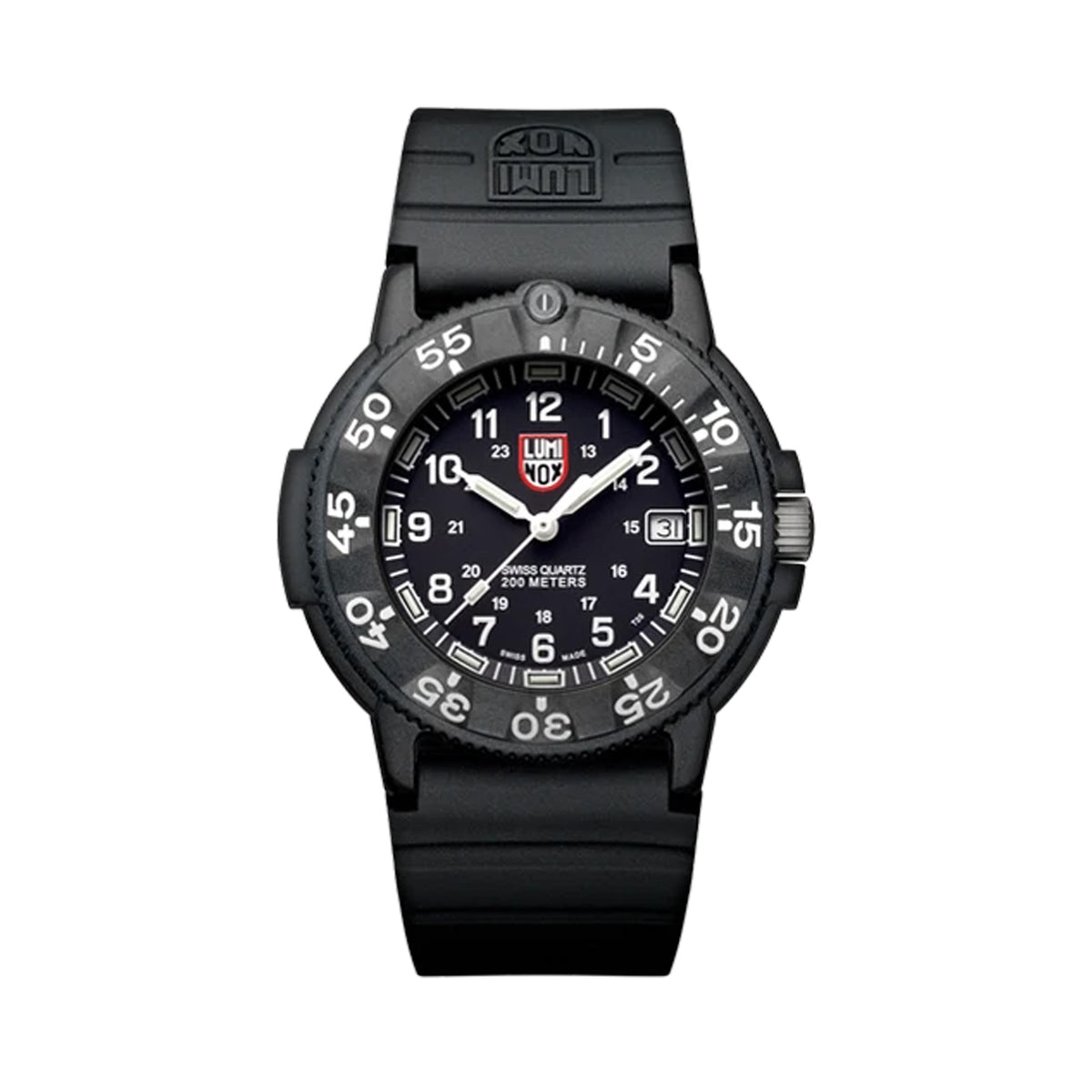 Front view of the Luminox Original Navy SEAL Men's 43mm Quartz Watch XS.3001.F with a black dial and white luminous numerals. This Original Navy SEAL 3000 Series watch features a black CARBONOX™ case, a black rotating dive bezel and a black rubber strap.