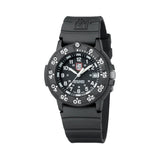 Three-quarter angle view of the Luminox Original Navy SEAL Men's 43mm Quartz Watch XS.3001.F showing the case profile and screw-down crown. This Original Navy SEAL 3000 Series watch pairs a lightweight black CARBONOX™ case with a black dial and date window.