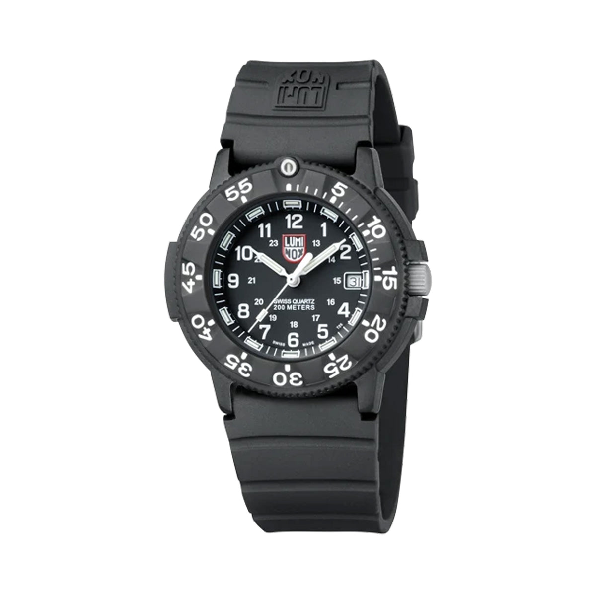 Three-quarter angle view of the Luminox Original Navy SEAL Men's 43mm Quartz Watch XS.3001.F showing the case profile and screw-down crown. This Original Navy SEAL 3000 Series watch pairs a lightweight black CARBONOX™ case with a black dial and date window.
