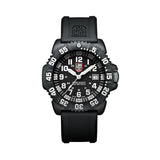 Front view of the Luminox Navy SEAL Men's 44mm Quartz Watch XS.3051.F with a black dial and white luminous numerals. This Original Navy SEAL 3050 Series watch features a black CARBONOX™ case, a black rotating dive bezel and a black polyurethane strap.