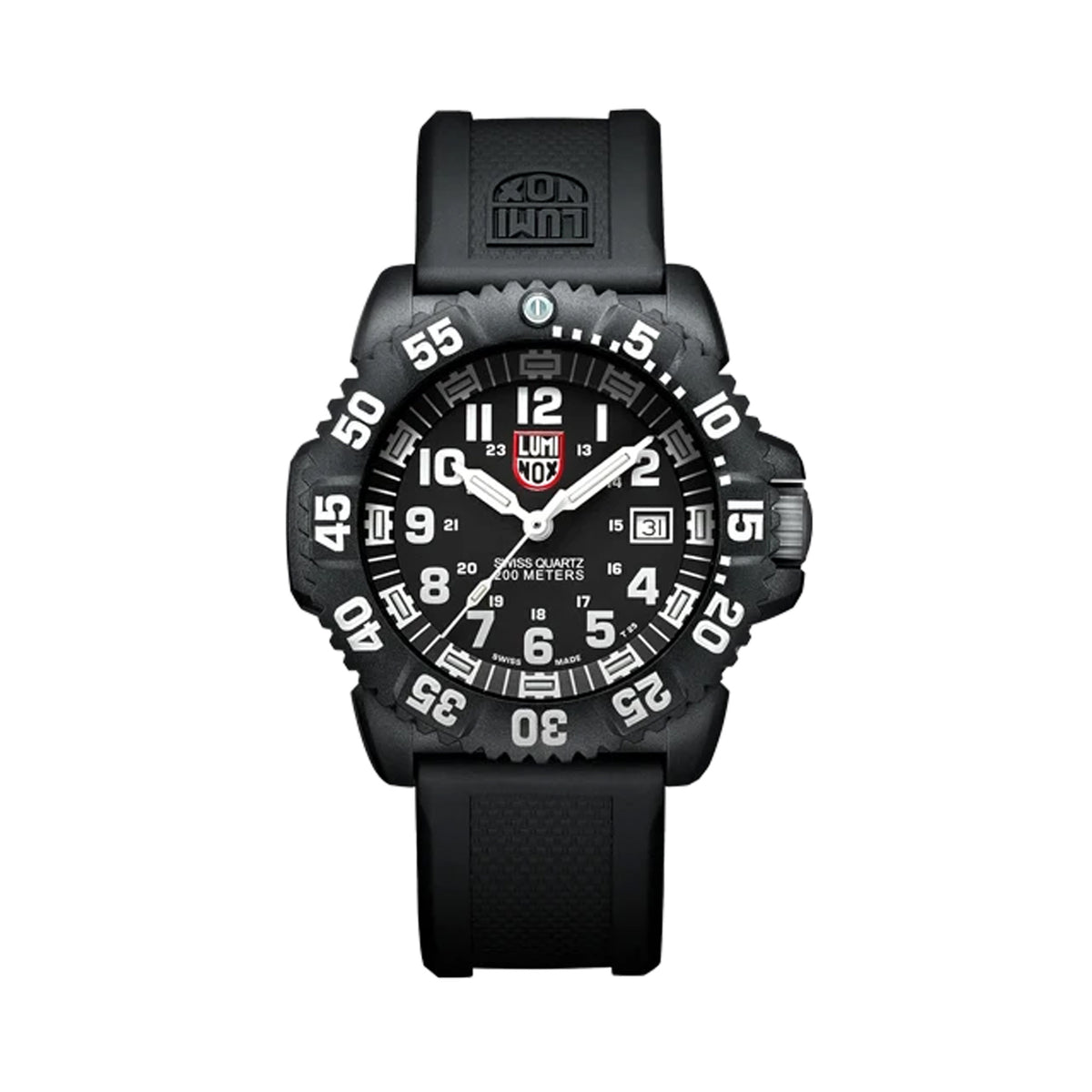 Front view of the Luminox Navy SEAL Men's 44mm Quartz Watch XS.3051.F with a black dial and white luminous numerals. This Original Navy SEAL 3050 Series watch features a black CARBONOX™ case, a black rotating dive bezel and a black polyurethane strap.