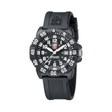 Front view of the Luminox Navy SEAL Men's 44mm Quartz Watch XS.3051.F with a black dial and white luminous numerals. This Original Navy SEAL 3050 Series watch features a black CARBONOX™ case, a black rotating dive bezel and a black polyurethane strap.