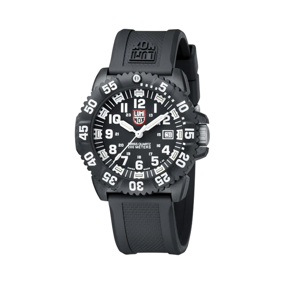 Front view of the Luminox Navy SEAL Men's 44mm Quartz Watch XS.3051.F with a black dial and white luminous numerals. This Original Navy SEAL 3050 Series watch features a black CARBONOX™ case, a black rotating dive bezel and a black polyurethane strap.