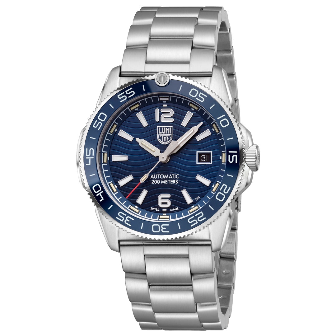 A Luminox Pacific Diver Ripple watch with a stainless steel band and case, featuring a Dark Blue Dial