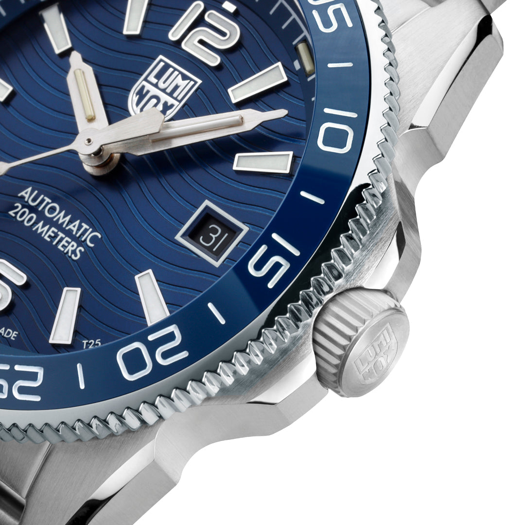Close up of a Luminox watch case with a Dark Blue Detailed face and white accents