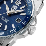 Close up of a Luminox watch case with a Dark Blue Detailed face and white accents