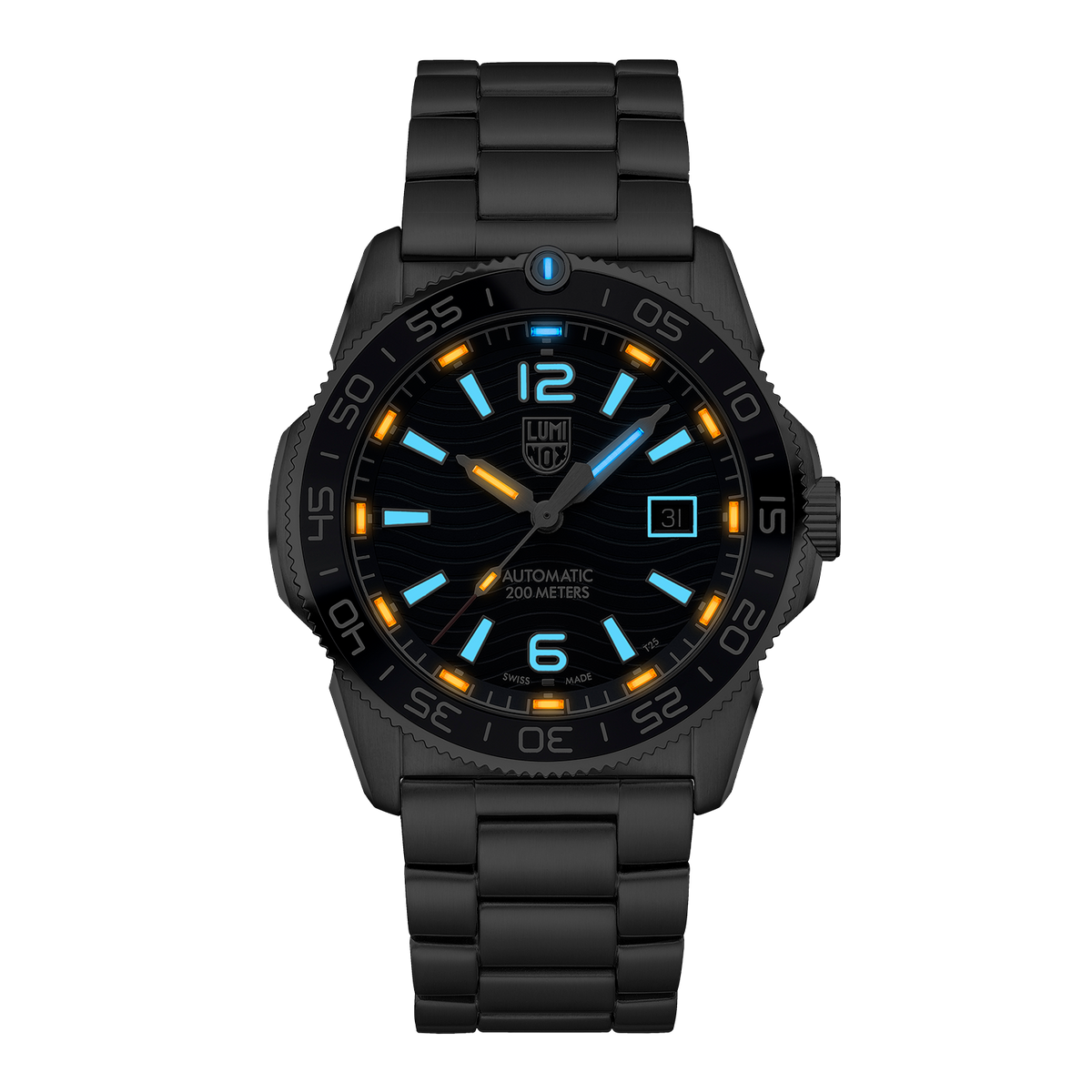 A Black Luminox Watch with Blue and Yellow Lume