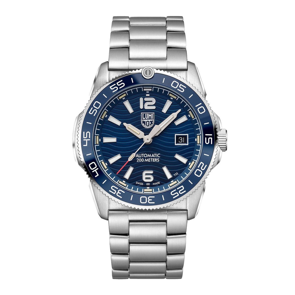 A Luminox Pacific Diver Ripple watch with a stainless steel band and case, featuring a Dark Blue Dial