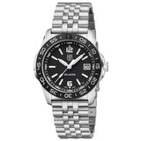 A Luminox Pacific Diver Ripple 39mm watch with a stainless steel band and case, featuring a black dial