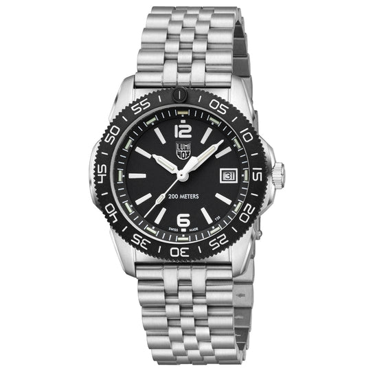 A Luminox Pacific Diver Ripple 39mm watch with a stainless steel band and case, featuring a black dial