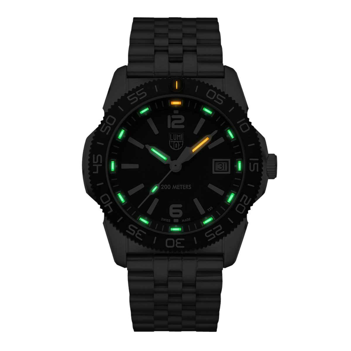 A Black Luminox Watch with Green and Yellow Lume