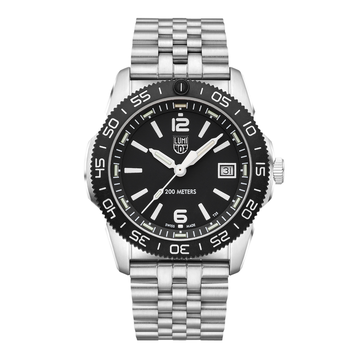 A Luminox Pacific Diver Ripple 39mm watch with a stainless steel band and case, featuring a black dial