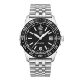 A Luminox Pacific Diver Ripple 39mm watch with a stainless steel band and case, featuring a black dial